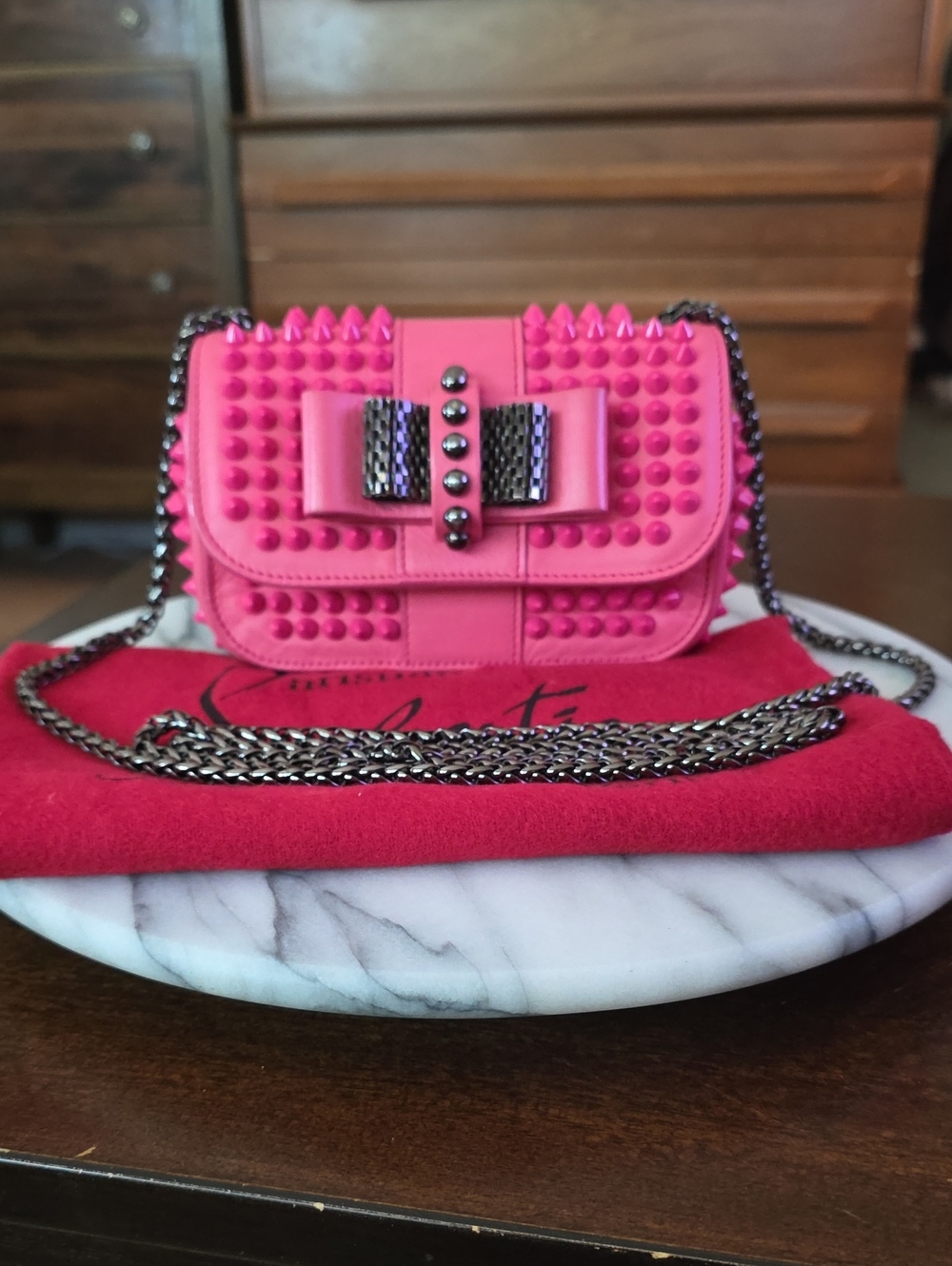 Christian Louboutin "Sweet Charity" Hot Pink Spike-Trim Bow Crossbody Bag 💖